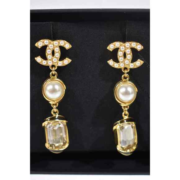 Chanel 22A Gold Pearl White Crystal XL Logo Large Dangle Drop Statement Earrings - Picture 3 of 12